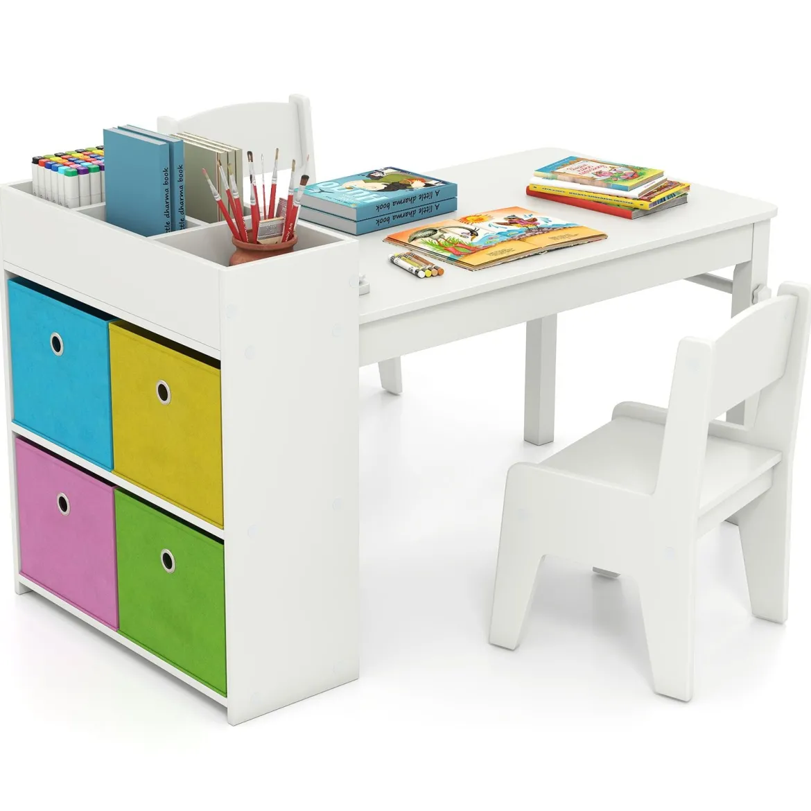 Kunsttisch- und Stuhlset für Kinder Zeichentisch mit 2 Stühlen Papierrolle und Papierrollenhalter Grau/Natur/Weiß