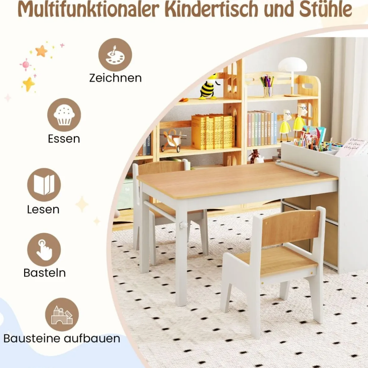 Kunsttisch- und Stuhlset für Kinder Zeichentisch mit 2 Stühlen Papierrolle und Papierrollenhalter Grau/Natur/Weiß