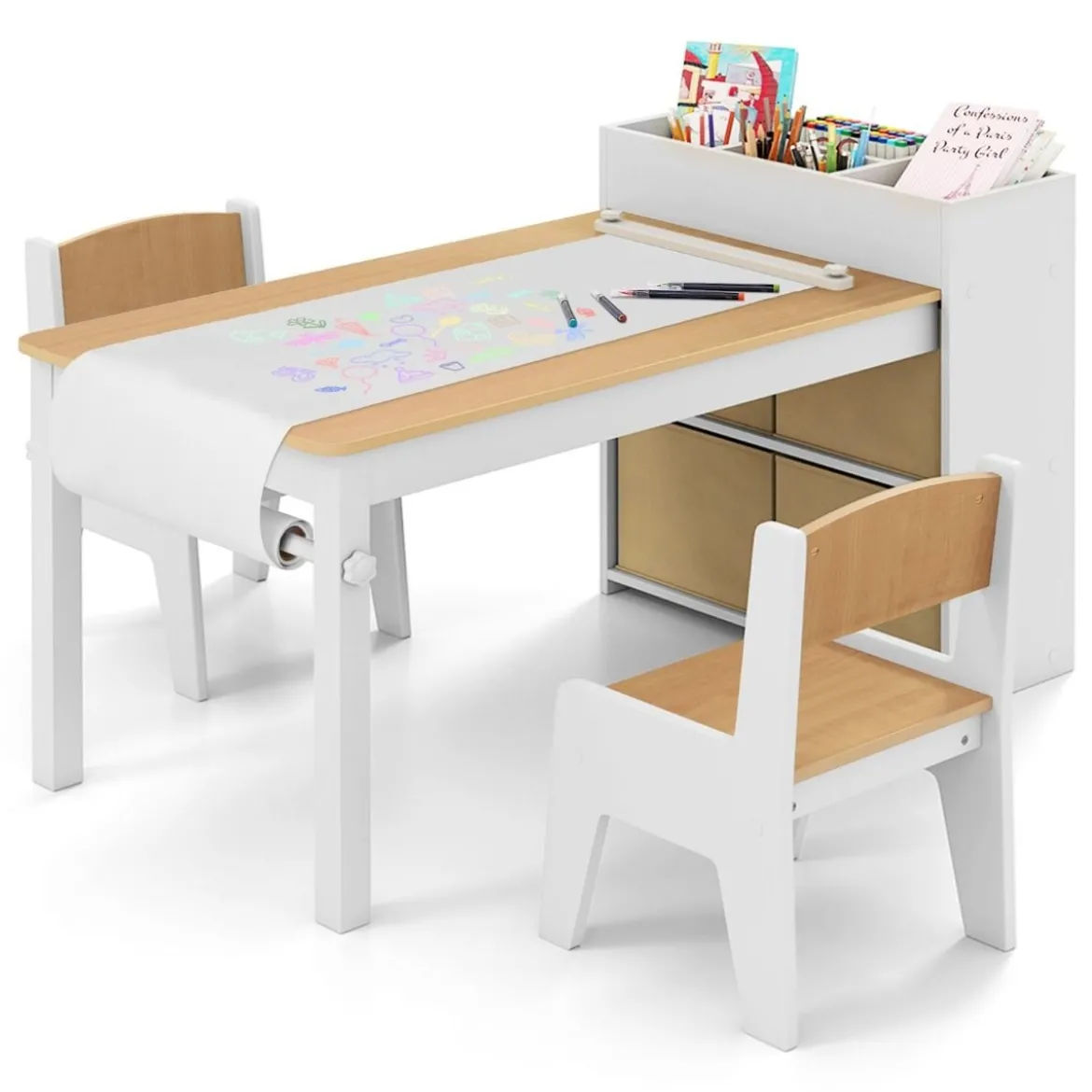 Kunsttisch- und Stuhlset für Kinder Zeichentisch mit 2 Stühlen Papierrolle und Papierrollenhalter Grau/Natur/Weiß