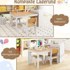 Kunsttisch- und Stuhlset für Kinder Zeichentisch mit 2 Stühlen Papierrolle und Papierrollenhalter Grau/Natur/Weiß