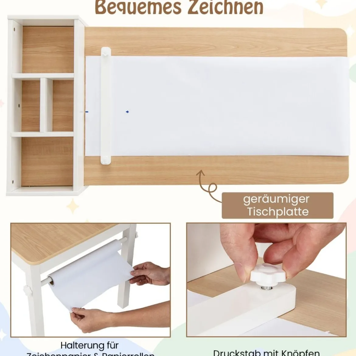 Kunsttisch- und Stuhlset für Kinder Zeichentisch mit 2 Stühlen Papierrolle und Papierrollenhalter Grau/Natur/Weiß