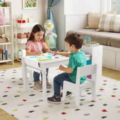 Kunsttisch- und Stuhlset für Kinder Zeichentisch mit 2 Stühlen Papierrolle und Papierrollenhalter Grau/Natur/Weiß
