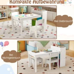 Kunsttisch- und Stuhlset für Kinder Zeichentisch mit 2 Stühlen Papierrolle und Papierrollenhalter Grau/Natur/Weiß