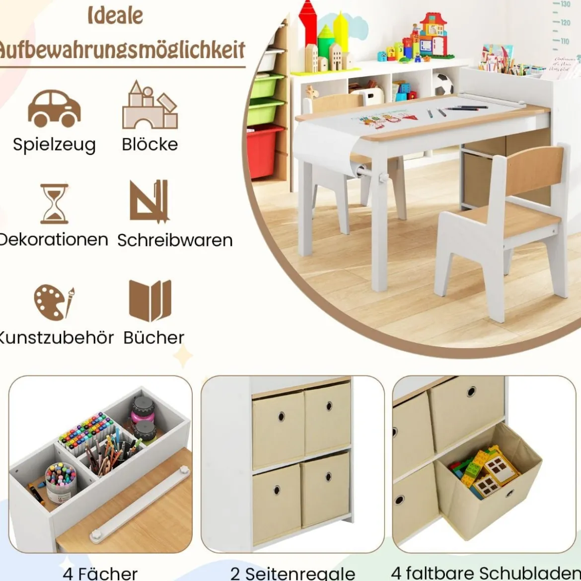 Kunsttisch- und Stuhlset für Kinder Zeichentisch mit 2 Stühlen Papierrolle und Papierrollenhalter Grau/Natur/Weiß