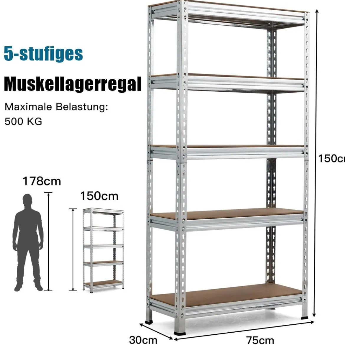 Lagerregal mit 5 Verstellbare Ablagen Schwerlastregal bis 500 kg Belastbar 150 x 75 x 30 cm