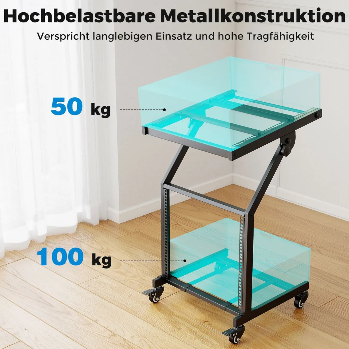2-lagiges Professionelles Audio Rack mit Verstellbaren Querstreben & Abschließbaren Rollen Audioständer