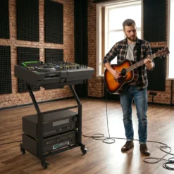 2-lagiges Professionelles Audio Rack mit Verstellbaren Querstreben & Abschließbaren Rollen Audioständer
