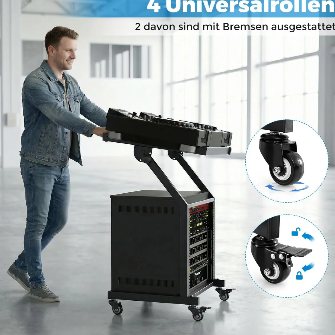 2-lagiges Professionelles Audio Rack mit Verstellbaren Querstreben & Abschließbaren Rollen Audioständer