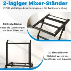 2-lagiges Professionelles Audio Rack mit Verstellbaren Querstreben & Abschließbaren Rollen Audioständer