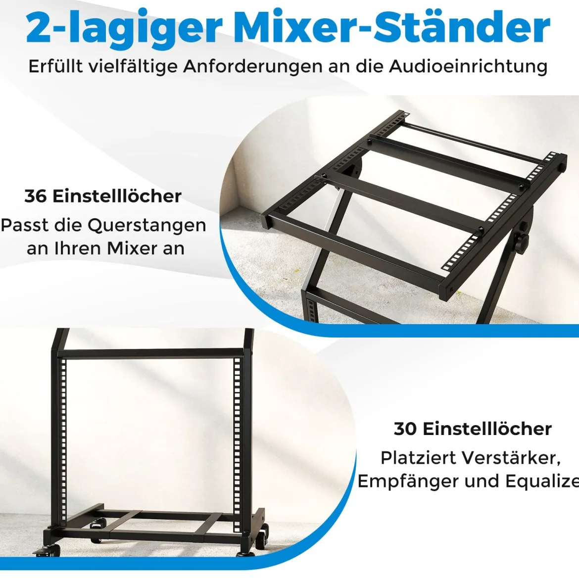 2-lagiges Professionelles Audio Rack mit Verstellbaren Querstreben & Abschließbaren Rollen Audioständer