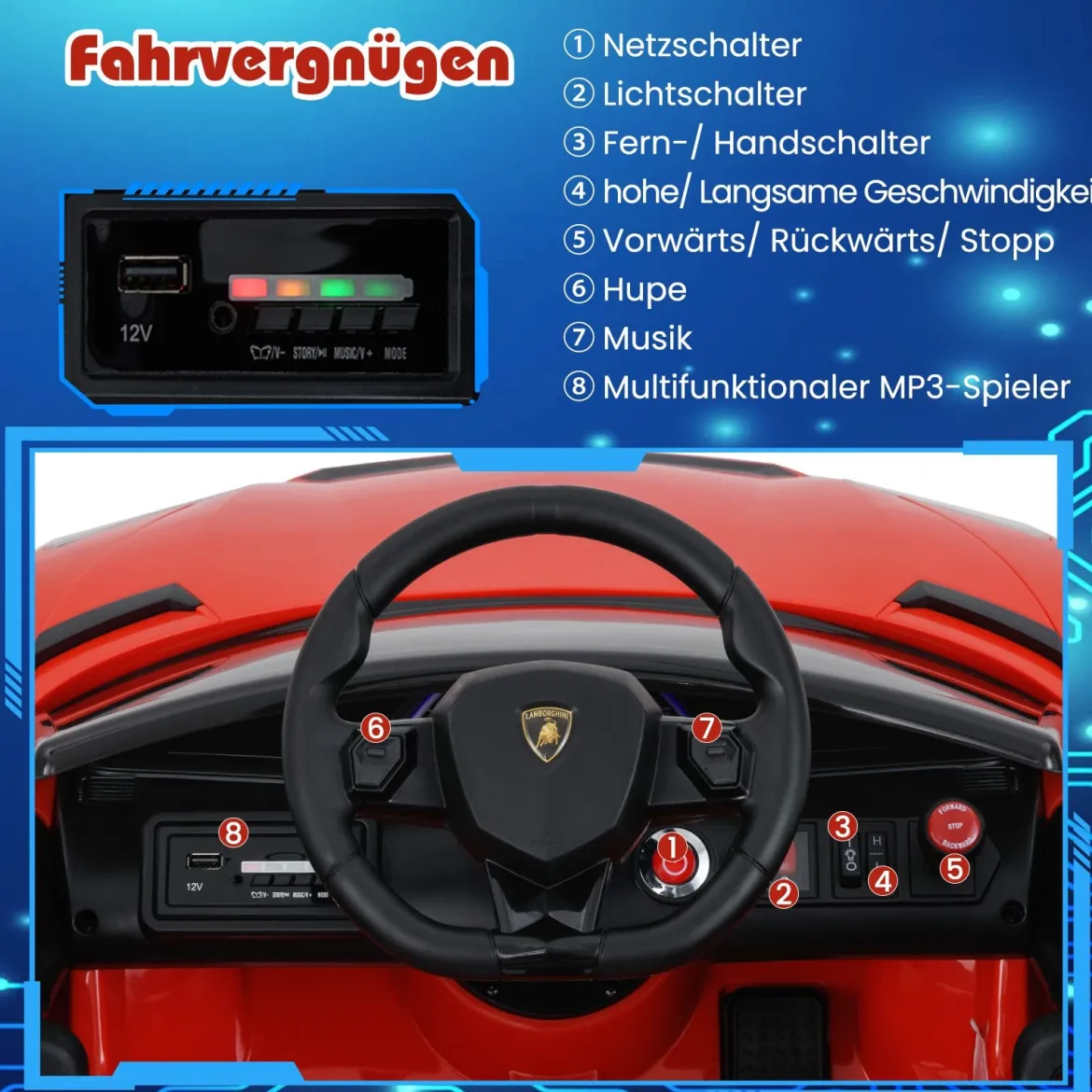 Lamborghini Elektroauto für Kinder Kinderfahrzeug mit 2,4G Fernbedienung & LED Scheinwerfer Elektrofahrzeug 3-5 km/h Rot