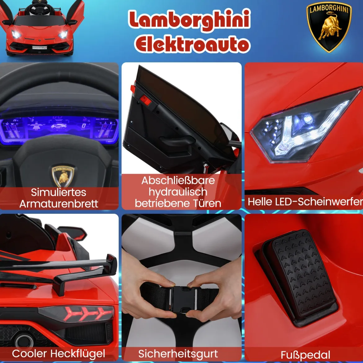 Lamborghini Elektroauto für Kinder Kinderfahrzeug mit 2,4G Fernbedienung & LED Scheinwerfer Elektrofahrzeug 3-5 km/h Rot
