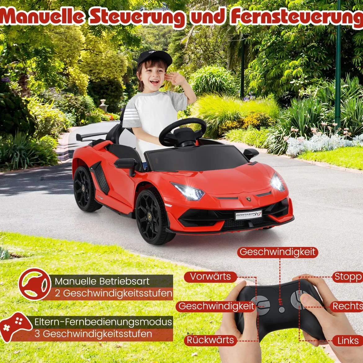 Lamborghini Elektroauto für Kinder Kinderfahrzeug mit 2,4G Fernbedienung & LED Scheinwerfer Elektrofahrzeug 3-5 km/h Rot