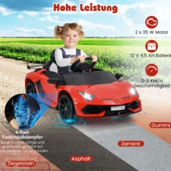 Lamborghini Elektroauto für Kinder Kinderfahrzeug mit 2,4G Fernbedienung & LED Scheinwerfer Elektrofahrzeug 3-5 km/h Rot