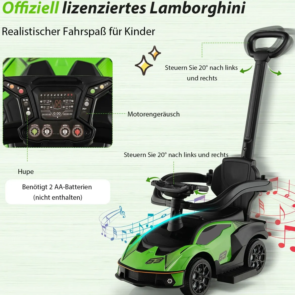 Lamborghini Rutschauto Rutschfahrzeug mit Schiebstange & Stauraum Schiebeauto mit Lenkrad Grün