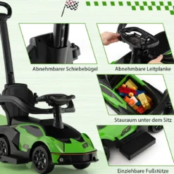 Lamborghini Rutschauto Rutschfahrzeug mit Schiebstange & Stauraum Schiebeauto mit Lenkrad Grün