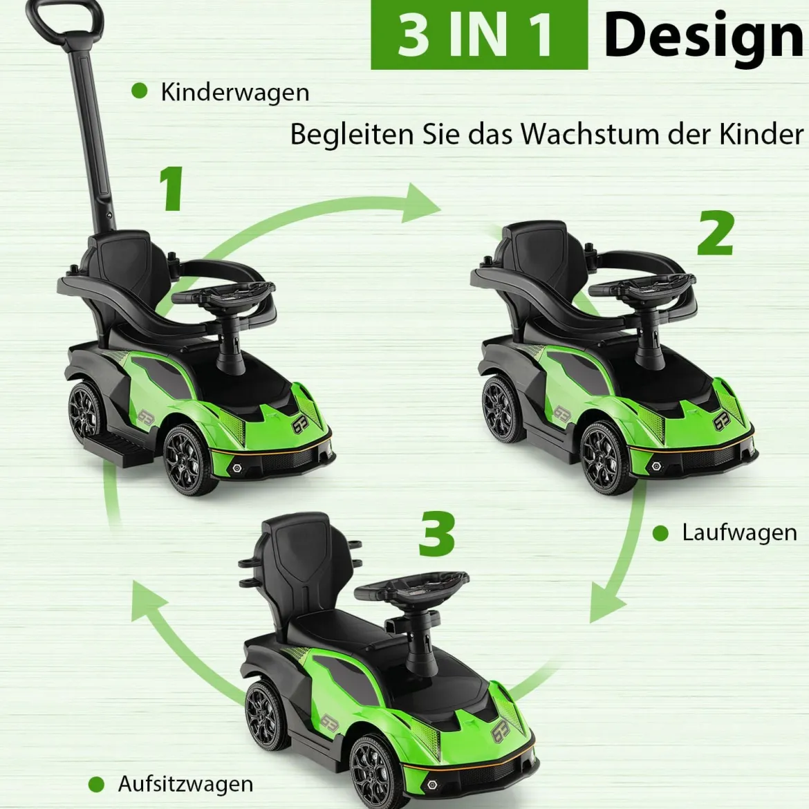 Lamborghini Rutschauto Rutschfahrzeug mit Schiebstange & Stauraum Schiebeauto mit Lenkrad Grün