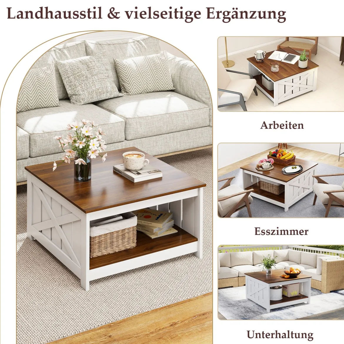 Landhaus Couchtisch 78 cm quadratischer Couchtisch mit Ablagefach 2-stöckiger Vintage Tisch Weiß & Braun