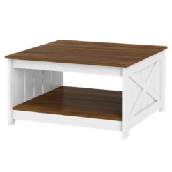Landhaus Couchtisch 78 cm quadratischer Couchtisch mit Ablagefach 2-stöckiger Vintage Tisch Weiß & Braun