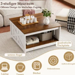Landhaus Couchtisch 78 cm quadratischer Couchtisch mit Ablagefach 2-stöckiger Vintage Tisch Weiß & Braun