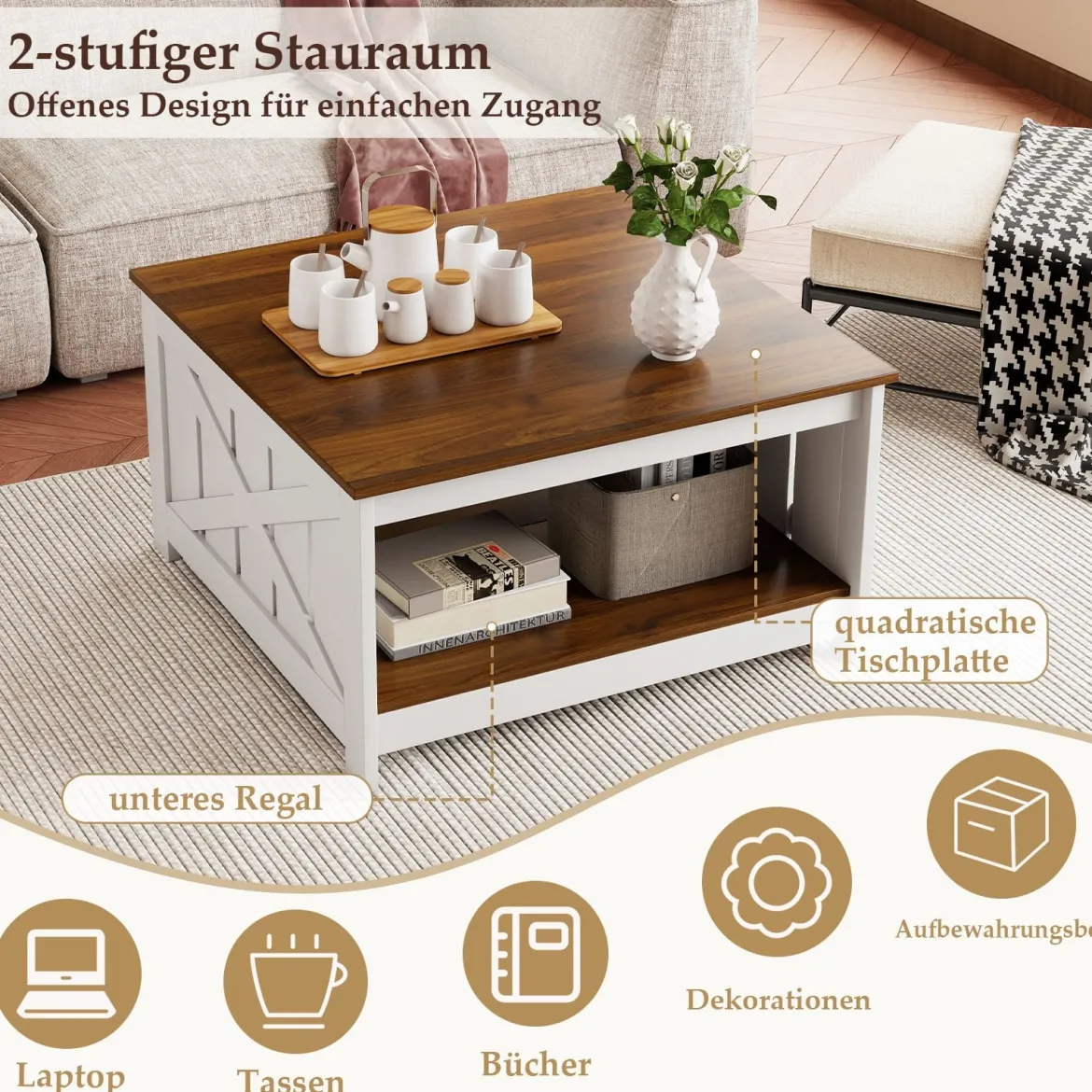 Landhaus Couchtisch 78 cm quadratischer Couchtisch mit Ablagefach 2-stöckiger Vintage Tisch Weiß & Braun
