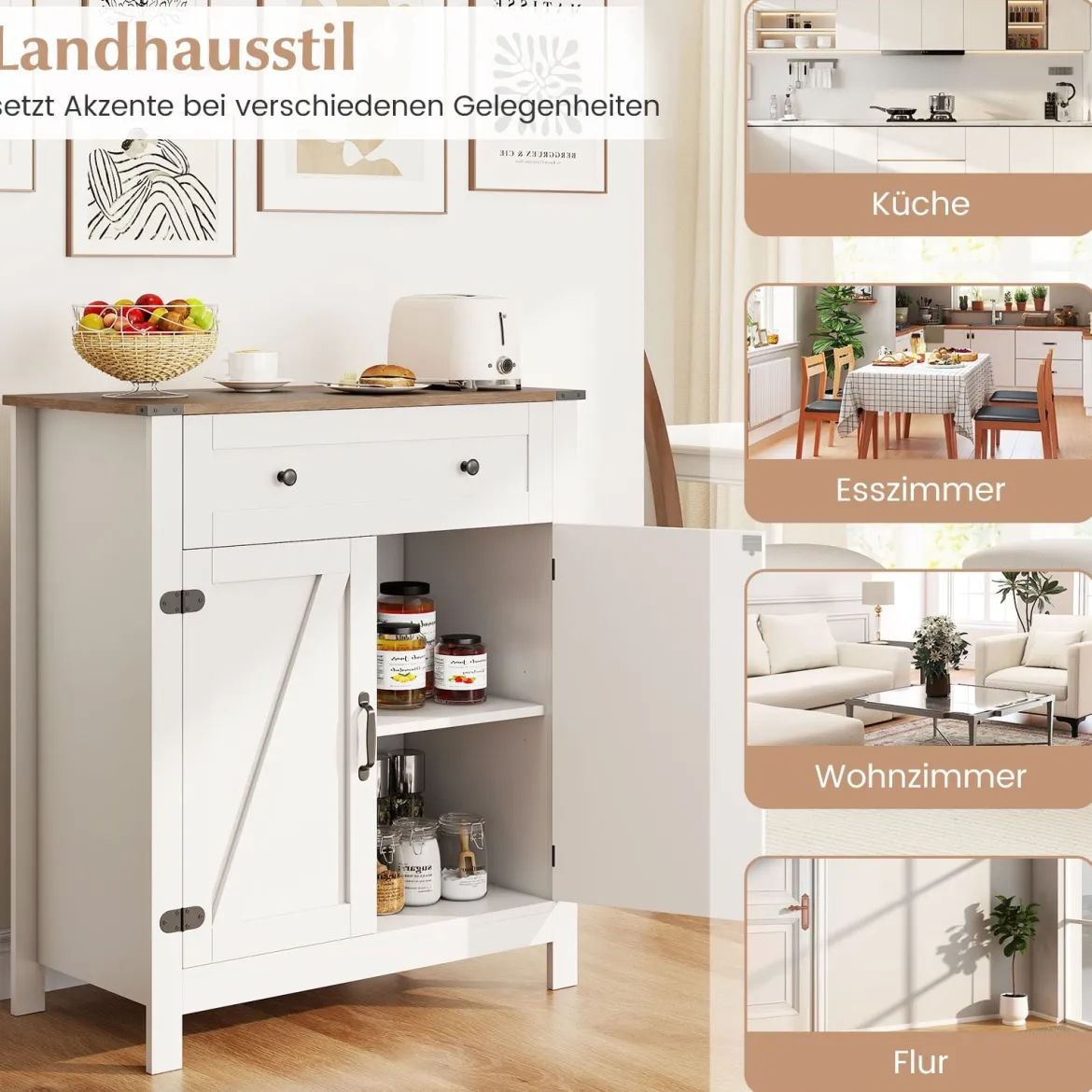 Landhaus-Sideboard mit Türen & Schublade & verstellbarem Regal Buffetschrank Küchenschrank