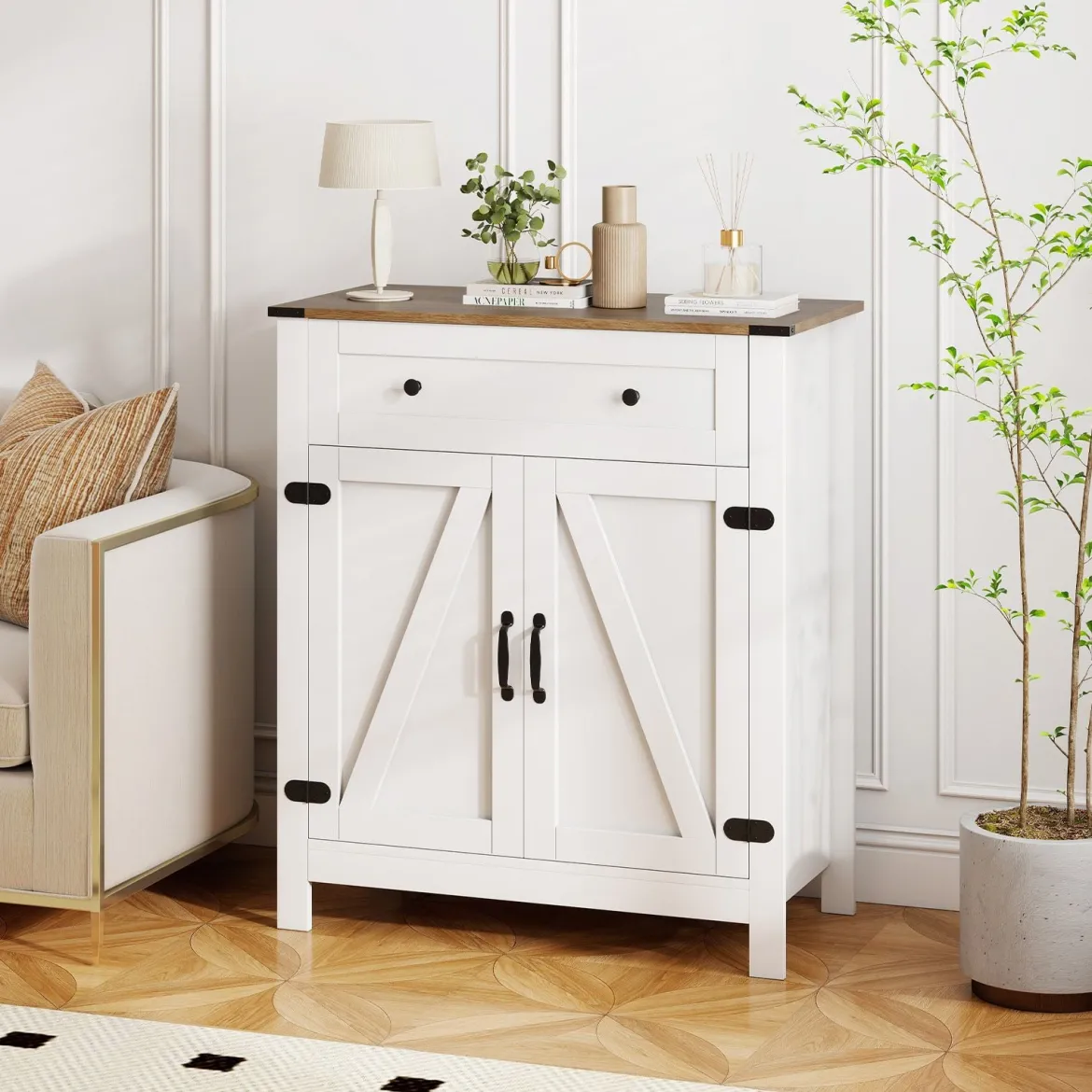 Landhaus-Sideboard mit Türen & Schublade & verstellbarem Regal Buffetschrank Küchenschrank