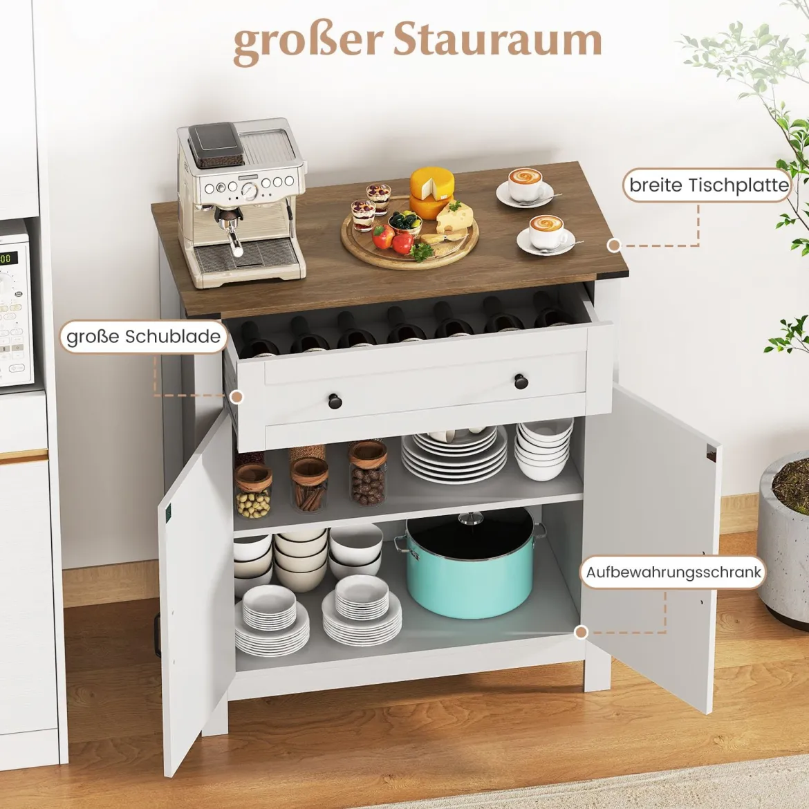 Landhaus-Sideboard mit Türen & Schublade & verstellbarem Regal Buffetschrank Küchenschrank