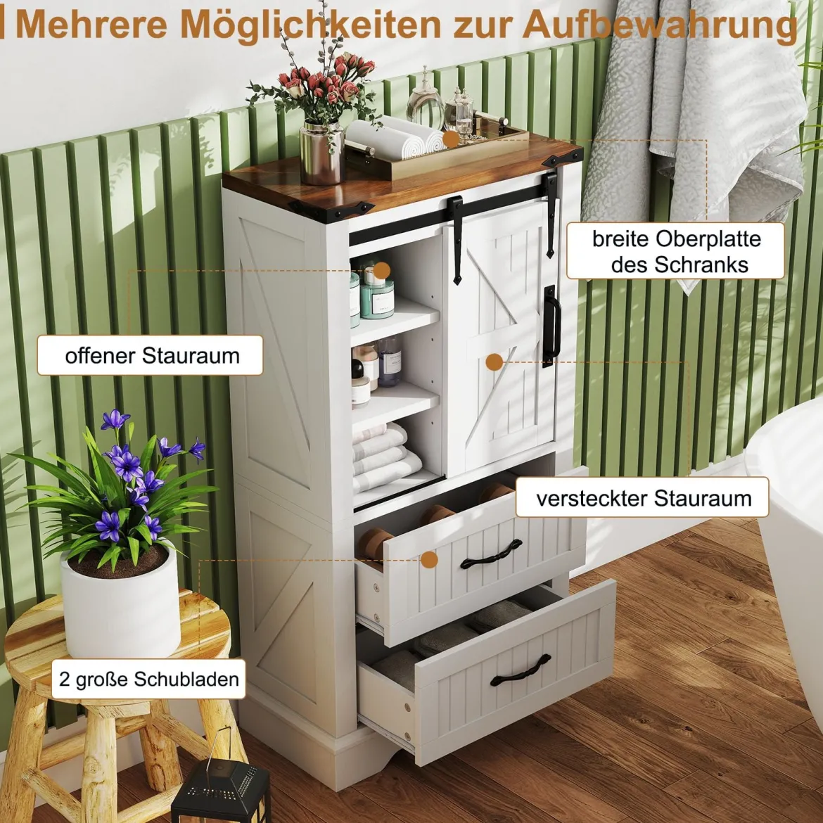 Landhausstil Badezimmer Bodenschrank Aufbewahrungsschrank mit verschiebbarer Scheunentür verstellbare Regale Weiß