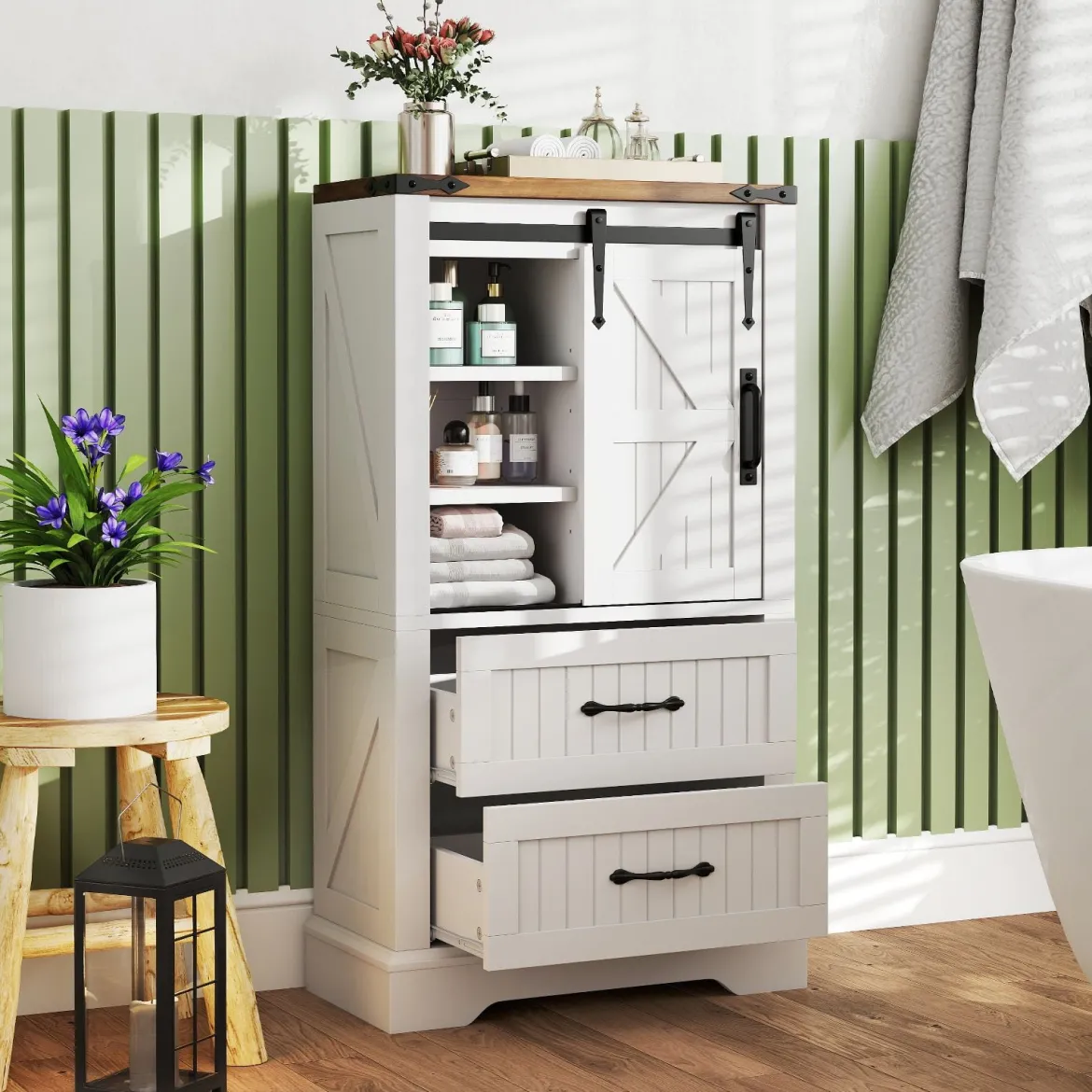 Landhausstil Badezimmer Bodenschrank Aufbewahrungsschrank mit verschiebbarer Scheunentür verstellbare Regale Weiß