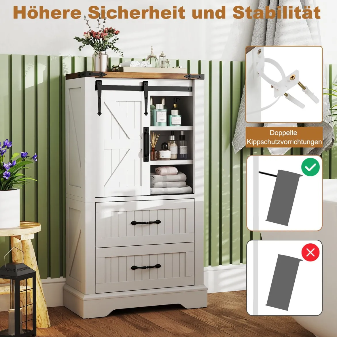 Landhausstil Badezimmer Bodenschrank Aufbewahrungsschrank mit verschiebbarer Scheunentür verstellbare Regale Weiß