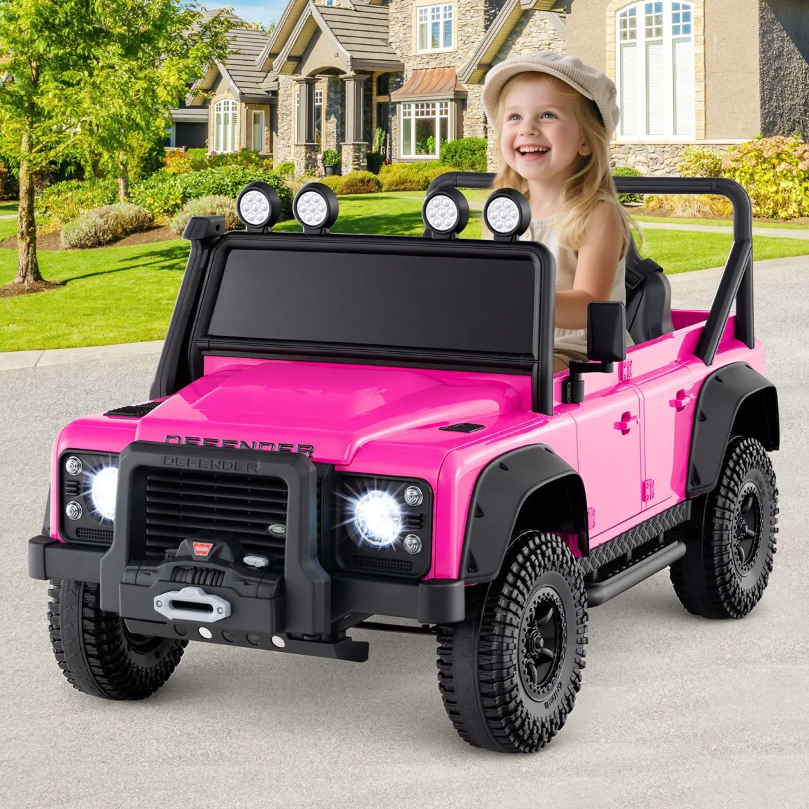 Land Rover Defender Elektroauto Kinder Elektrofahrzeug mit Eltern-Fernbedienung Vollfederung Scheinwerfern Rosa