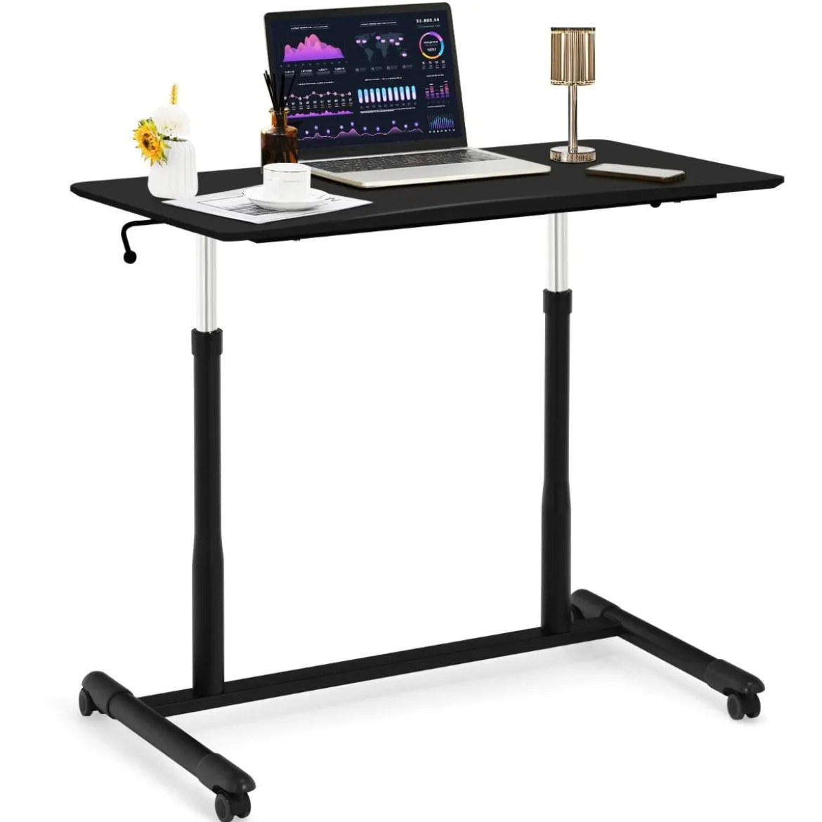 Laptoptisch Computertisch mit 4 Rollen Höhenverstellbar 95 x 52 x 70 - 107 cm Schwarz