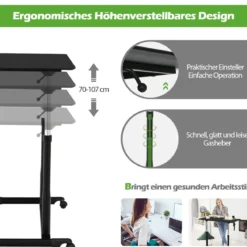 Laptoptisch Computertisch mit 4 Rollen Höhenverstellbar 95 x 52 x 70 - 107 cm Schwarz