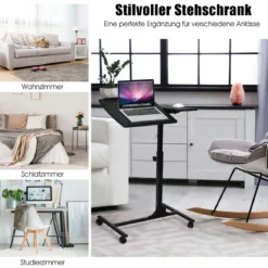 Laptoptisch Höhenverstellbarer Betttisch mit Rollen 64 x 45 x 71-93 cm Schwarz
