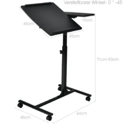Laptoptisch Höhenverstellbarer Betttisch mit Rollen 64 x 45 x 71-93 cm Schwarz