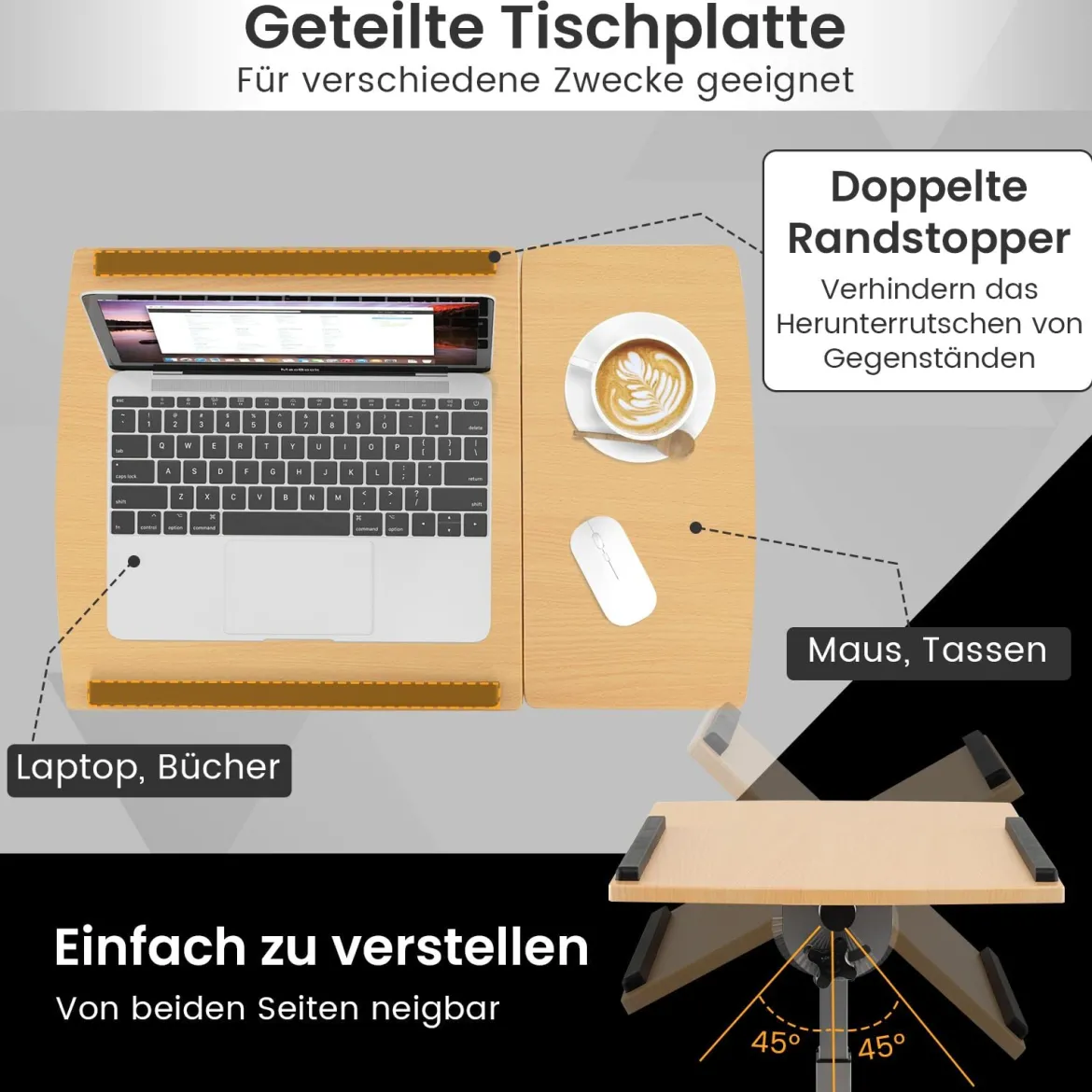 Laptoptisch mit 5 Rollen Beistelltisch Notebooktisch Höhe/Winkel verstellbar Rollentisch mit Bremsen 60×40×71-91cm Natur