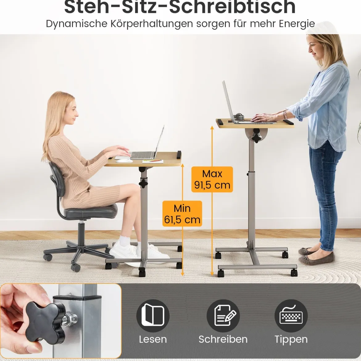 Laptoptisch mit 5 Rollen Beistelltisch Notebooktisch Höhe/Winkel verstellbar Rollentisch mit Bremsen 60×40×71-91cm Natur