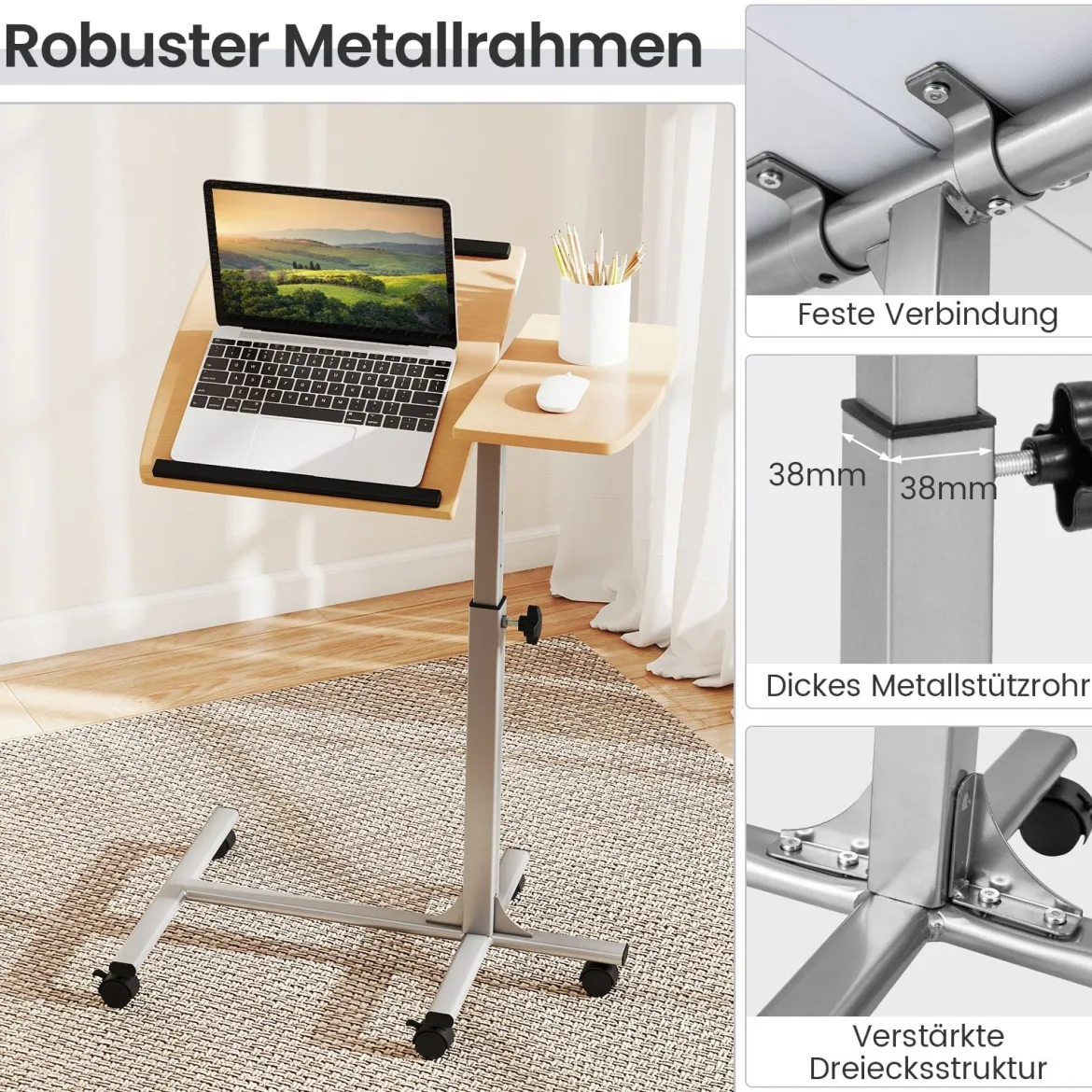Laptoptisch mit 5 Rollen Beistelltisch Notebooktisch Höhe/Winkel verstellbar Rollentisch mit Bremsen 60×40×71-91cm Natur