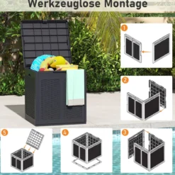 145 L Aufbewahrungsbox mit PP-Deckel & Rattanmuster Outdoor Aufbewahrungsbehälter Braun