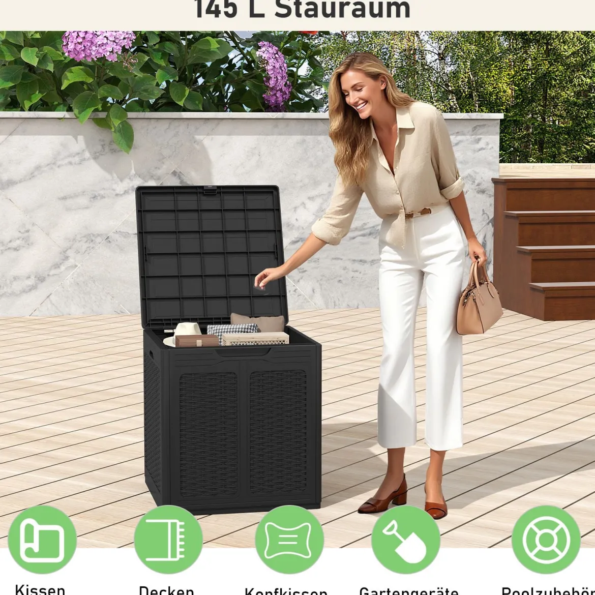 145 L Aufbewahrungsbox mit PP-Deckel & Rattanmuster Outdoor Aufbewahrungsbehälter Braun