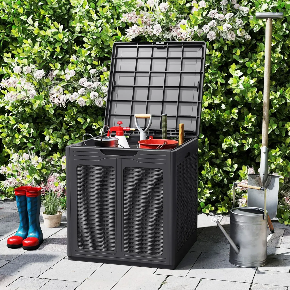 145 L Aufbewahrungsbox mit PP-Deckel & Rattanmuster Outdoor Aufbewahrungsbehälter Braun