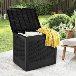 96 L Aufbewahrungsbox Outdoor Auflagenbox mit PP-Deck Rattanmustern & abschließbarem Deckel Schwarz
