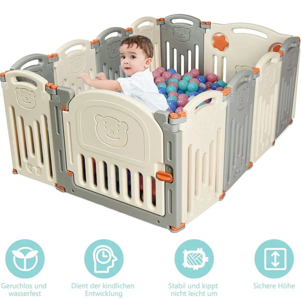 Laufgitter Baby Laufstall Kinder Schutzgitter Absperrgitter mit Tür Beige und Grau