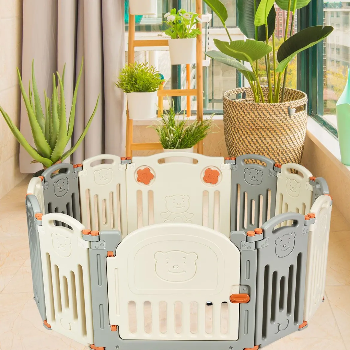 Laufgitter Baby Laufstall Kinder Schutzgitter Absperrgitter mit Tür Beige und Grau