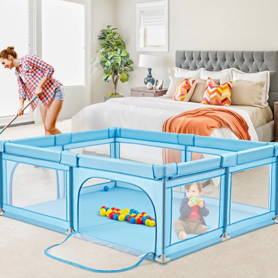 Laufgitter Baby Laufstall mit 50 Bällen & 2 Türen für Kinder 205 x 147 x 68 cm Grau