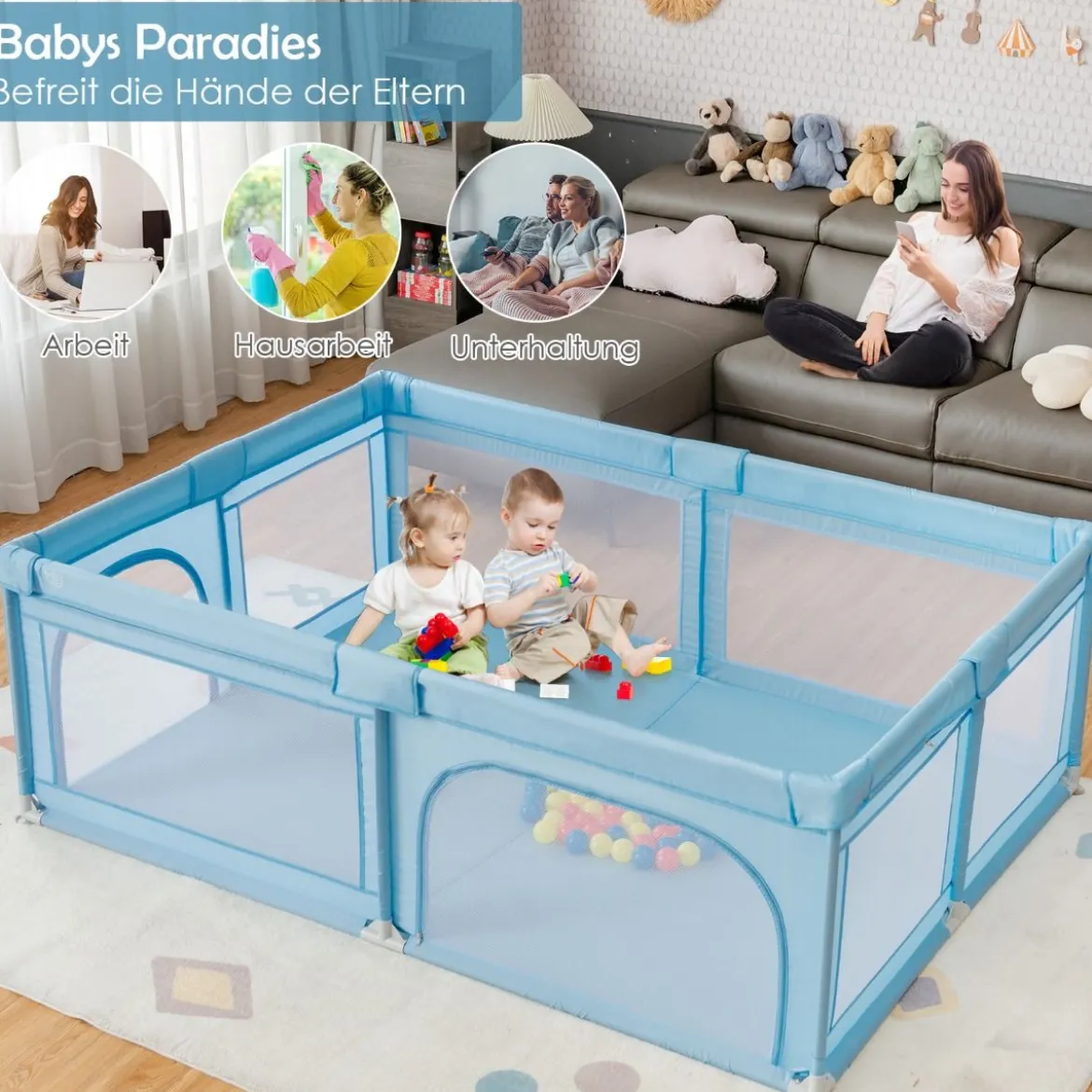 Laufgitter Baby Laufstall mit 50 Bällen & 2 Türen für Kinder 205 x 147 x 68 cm Grau
