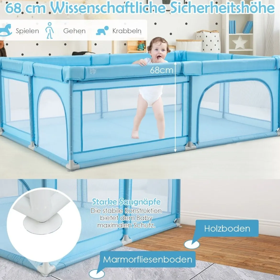Laufgitter Baby Laufstall mit 50 Bällen & 2 Türen für Kinder 205 x 147 x 68 cm Grau