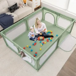 Laufgitter Baby Laufstall mit 50 Bällen & 2 Türen & Atmungsaktivem Netz Laufgitterzelt 205 x 147 cm Grün