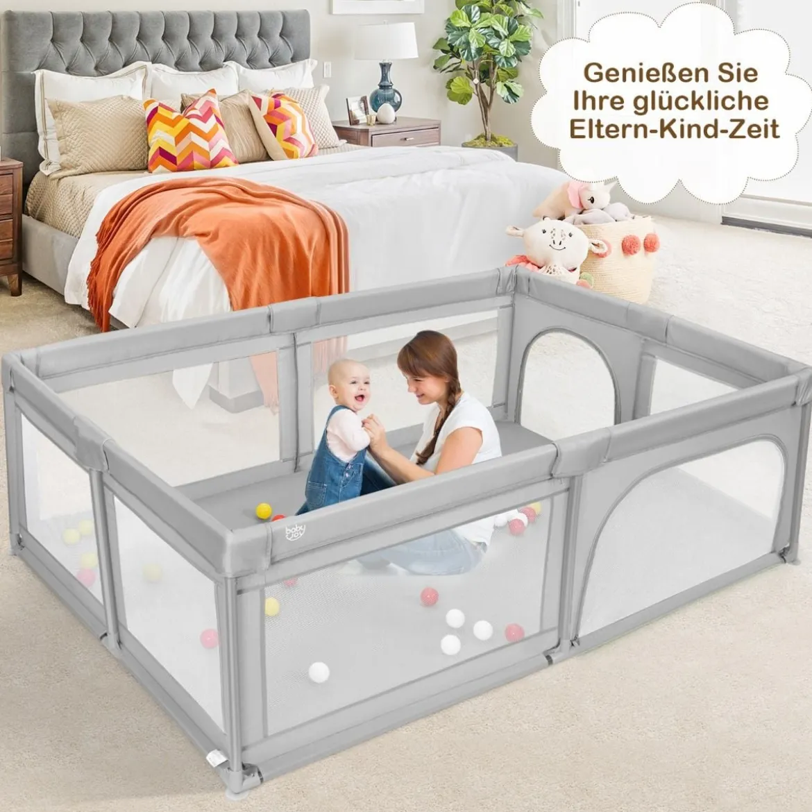 Laufgitter Baby Laufstall mit 50 Bällen & 2 Türen & Atmungsaktivem Netz 205 x 147 x 68 cm Grau